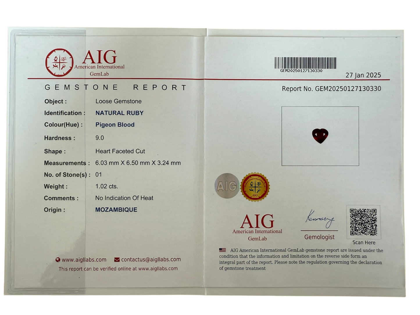 Pigeon-Blood Herzrubin, 1.02 Karat, unbehandelt