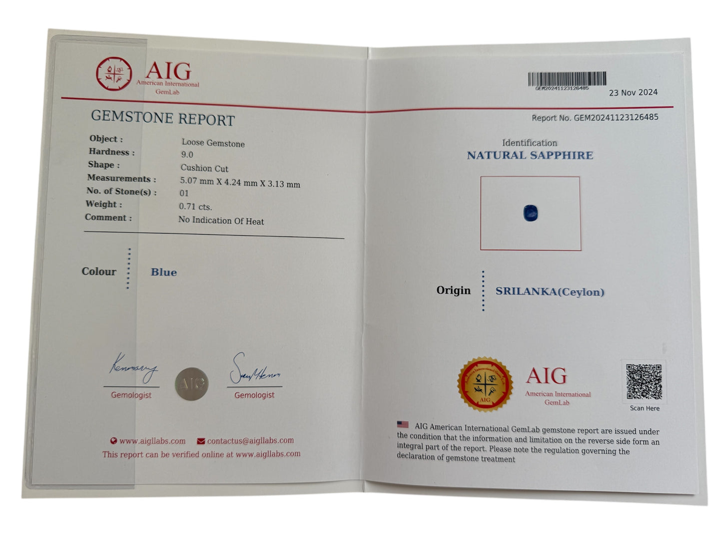 royalblauer Saphir, 0.71 Karat, unbehandelt