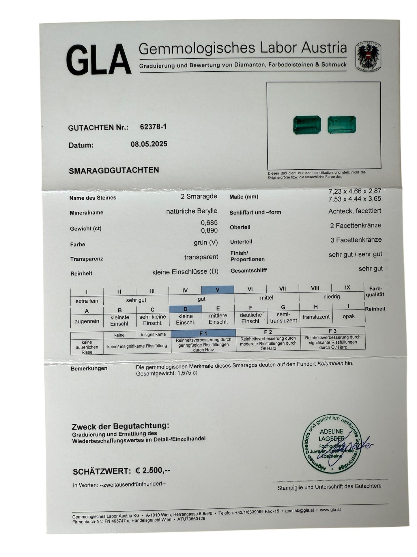 Kolumbianisches Smaragdpaar, 1.58 Karat, Minor Oil