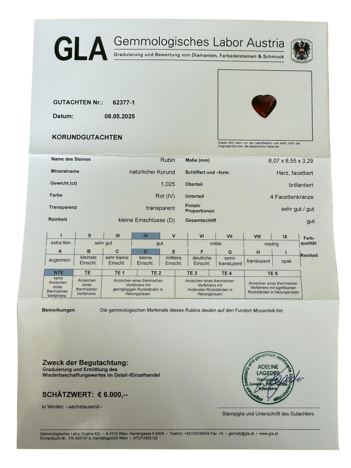 Pigeon-Blood Herzrubin, 1.02 Karat, unbehandelt