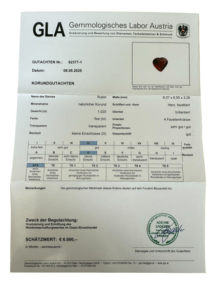 Pigeon-Blood Herzrubin, 1.02 Karat, unbehandelt